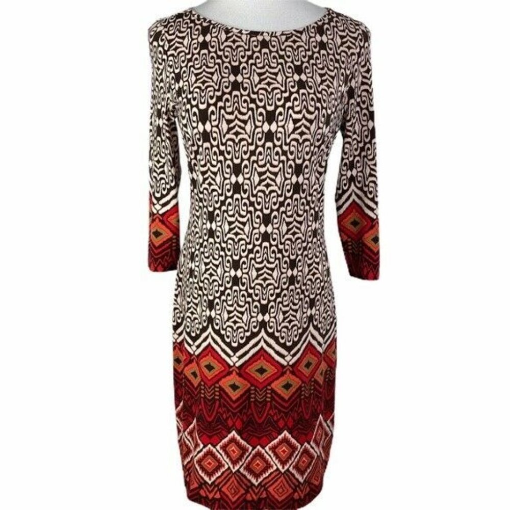Nine West Aztec Pattern Dress‎ Women's 4 Brown Red White 3/4 Sleeve Pullover